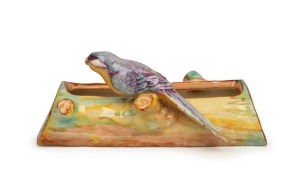 DAISY MERTON rare pottery parrot flower trough, signed "D.V. MERTON", 9.5cm high, 22.5cm wide