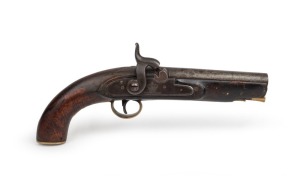 An antique English percussion cap pistol with "TOWER PROOF" stamp and crown mark, 6" barrel, .69 calibre, circa 1837, 32cm long