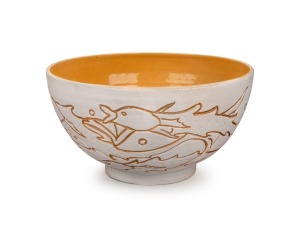 KLYTIE PATE pottery bowl with sgraffito fish decoration with gilt highlights, incised "Klytie Pate", 12cm high, 23cm diameter