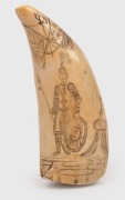 A scrimshaw whale's tooth with tallship portrait engraved "FOR GET ME NOT" with knight engraved on the reverse, ​​​​​​​16cm high - 2