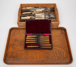 Assorted antique and vintage cutlery together with an elm serving tray, 19th and 20th century, (qty)