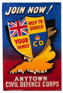 FLOYD STUDIO, LONDON, "Join Now HELP TO SHIELD YOUR FAMILY - ANYTOWN CIVIL DEFENCE CORPS", a 1950's cold-war era original hand-stencilled and painted poster design featuring a map of Great Britain protected by a CD shield; 76 x 51cm.