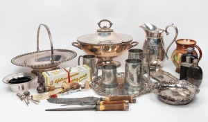 Assorted silver plated table ware, porcelain jug, bar ware, pewter tankards, etc. mixed vintages, (21 items),