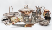 Assorted silver plated table ware, porcelain jug, bar ware, pewter tankards, etc. mixed vintages, (21 items),