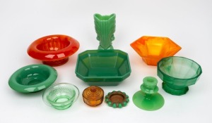 Ten assorted Art Deco glass bowls, dishes, vase, candlestick etc., including Davidson orange and green cloud examples, circa 1930s, the vase 19cm high