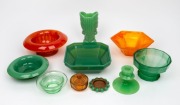 Ten assorted Art Deco glass bowls, dishes, vase, candlestick etc., including Davidson orange and green cloud examples, circa 1930s, the vase 19cm high