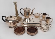Silver plated tea service, candlestick, vegetable tureen, cups and a pair of wine bottle coasters, 20th century, (10 items)