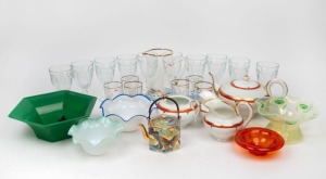 Assorted porcelain tea ware, Art Deco lemonade set, glass light shades, Japanese porcelain tea pot, glass bowls and set of 10 vintage glasses, 20th century, (27 items)