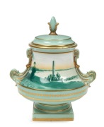 ROYAL DOULTON "BOTANY BAY" antique English porcelain lidded urn with hand-painted scene of Cook's landing site, green factory mark to base, 14cm high.