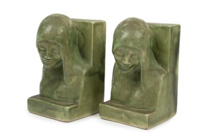 MELROSE WARE rare pair of green glazed pottery "Shy Girl" bookends, stamped "Melrose Ware, Australian", with remains of original paper label, 19cm high