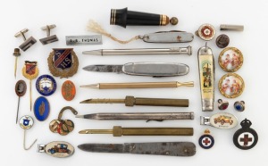 Badges, buttons, pens, pocketknives, cufflinks,&nbsp;etc, (qty)