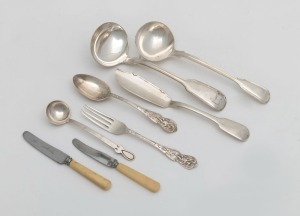 Sterling silver pate knife, silver fork and two silver spoons, silver plated ladles and two bone handled pate knives, 19th/20th century, (8 items), 110 grams silver weight