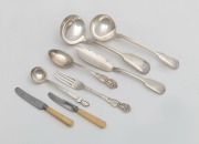 Sterling silver pate knife, silver fork and two silver spoons, silver plated ladles and two bone handled pate knives, 19th/20th century, (8 items), 110 grams silver weight