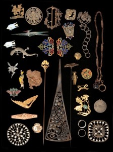 Art Nouveau and Art Deco jewellery, buckles hatpins, etc, (30+ items)