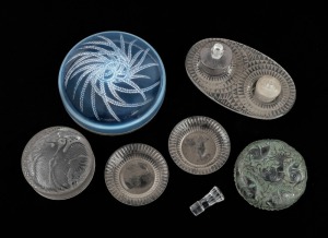 LALIQUE French glass powder lids, dishes, tray, perfume bottles and a stopper, (9 items), the largest powder lid 14cm diameter