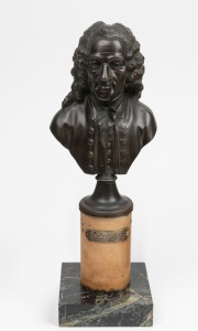 VOLTAIRE&nbsp;antique bronze bust on marble base, 19th century, 33 cm high overall