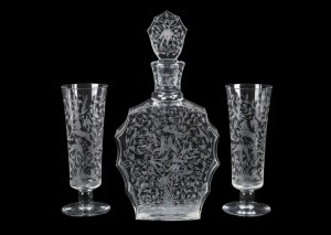 BACCARAT fine French crystal toasting set with engraved decoration, comprising of decanter and two glasses, 20th century, (3 items). acid etched factory mark to base "Baccarat, France", decanter 22cm high