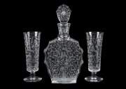 BACCARAT fine French crystal toasting set with engraved decoration, comprising of decanter and two glasses, 20th century, (3 items). acid etched factory mark to base "Baccarat, France", decanter 22cm high