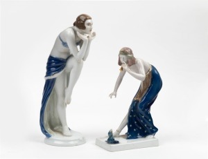 ROSENTHAL two German Art Deco porcelain statues comprising of "The snake Charmer" signed "B. Boess" and a dancing figure signed "D. Charol", green factory marks to bases, 19cm and 25cm high