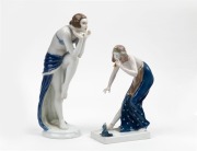 ROSENTHAL two German Art Deco porcelain statues comprising of "The snake Charmer" signed "B. Boess" and a dancing figure signed "D. Charol", green factory marks to bases, 19cm and 25cm high