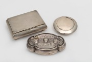 An antique sterling silver "Chorus Of Angels" jewellery box (110 grams), together with an 88 silver jewellery box with red velvet interior (250 grams), plus a circular sterling silver powder box with mirrored interior under the lid (66 grams), 19th/20th c