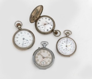 WALTHAM steel cased antique pocket watch, SHEPPO steel cased pocket watch, steel cased pocket watch with stopwatch function, and a steel cased vintage Swiss crown wind example, (4 items)