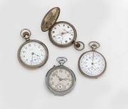 WALTHAM steel cased antique pocket watch, SHEPPO steel cased pocket watch, steel cased pocket watch with stopwatch function, and a steel cased vintage Swiss crown wind example, (4 items)