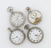 Four assorted antique crown&nbsp;wind pocket watches comprising of a nickel cased&nbsp;SHEPPO&nbsp;Chronometer Lever, nickel cased OMEGA, a silver cased HEBDOMAS&nbsp;patent 8 day exposed escapement Swiss example, ELGIN&nbsp;nickel cased example, and an American WATERBURY in nick