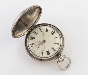 An antique English sterling silver cased full hunter pocket watch with verge chain fusee movement, early 19th century, 8cm high including bow