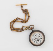 An antique pocket watch in blued steel case with moonphase and full calendar dial, suspended on a gold plated chain, 19th/20th century, the watch 7.5cm high including bow