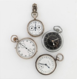 A vintage Swiss pedometer, HAMILTON American stopwatch with black dial, KENDAL & DENT sterling silver cased antique pocket watch with 24 hour dial, and an antique silver cased split second stopwatch, (4 items)