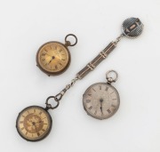 Three antique pocket watches including a silver cased Swiss example on an attractive silver and niello Albertina fob chain with locket end, a gold plated example and an engraved silver cased open face example 19th century