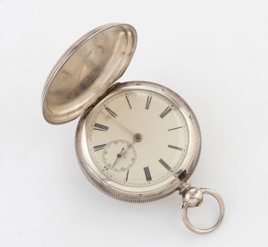 An antique sterling silver cased full hunter pocket watch with enamel dial, subsidiary seconds dial, beetle and poker gold hands, with English lever fusee movement signed "THOMAS R. EDEN, LIVERPOOL", 19th century,