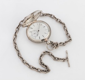 An antique French silver cased pocket watch in full hunter case with fully jewelled movement, suspended on an imposing silver fob chain, 19th century, the watch 8.5cm high including bow; the chain 54cm long, 90 grams