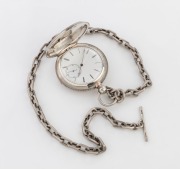 An antique French silver cased pocket watch in full hunter case with fully jewelled movement, suspended on an imposing silver fob chain, 19th century, the watch 8.5cm high including bow; the chain 54cm long, 90 grams
