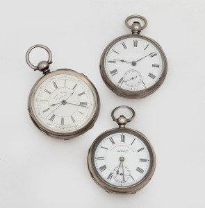Three antique silver cased open faced pocket watches, all with Roman numerals and key wind movements, note one with centre seconds chronograph by J. HARRIS & SONS of London and Manchester, 19th century, the largest 8.3cm high including bow