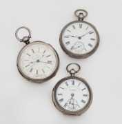 Three antique silver cased open faced pocket watches, all with Roman numerals and key wind movements, note one with centre seconds chronograph by J. HARRIS & SONS of London and Manchester, 19th century, the largest 8.3cm high including bow