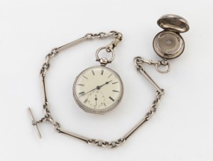 An antique Irish silver cased pocket watch by J. DONEGAN of Dublin, suspended on a silver Albert fob chain with silver sovereign case, 19th century