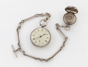 An antique Irish silver cased pocket watch by J. DONEGAN of Dublin, suspended on a silver Albert fob chain with silver sovereign case, 19th century
