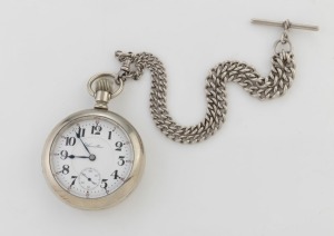HAMILTON antique American railway pocket watch with 21 jewel movement, motor barrel adjusted to five position with double roller, suspended on a sterling silver fob chain, 19th/20th century, 8.5cm high including bow