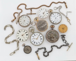 Assorted pocket watches, movements, parts and watch chains, 19th/20th century, (12 items)