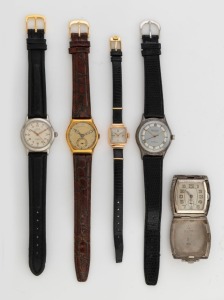 Five assorted vintage watches including a lady's 18ct gold example, LAVINA steel case, LUIGA steel case, rolled gold case, and an unusual silver cased travelling watch
