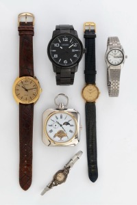 Six assorted watches including an unusual travelling moonphase pocket watch, LONGINES lady's quartz watch with steel back, marcasite cocktail watch, SEIKO, BENTLEY and CITIZEN