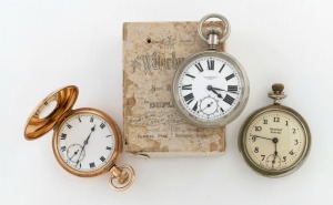 Three antique and vintage pocket watches including an American steel cased WATERBURY in original card box, a gold plated half hunter, and a WESTCLOX nickel plated example