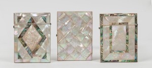 Three antique mother of pearl and paua shell calling card cases, 19th century, the largest 11cm high