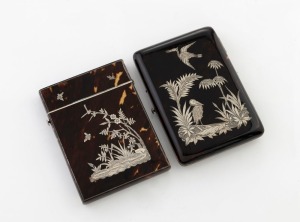 Two antique&nbsp;tortoise shell calling card cases with silver inlaid decoration, 19th century, the larger 10.5cm high