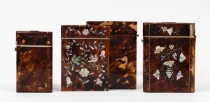 Four assorted antique tortoise shell calling card cases, two with mother of pearl floral decoration, 19th century, ​​​​​​​the largest 10.5cm high