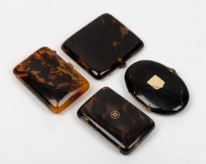 Four assorted antique tortoise shell cigarette and snuff boxes cases, 19th century, ​​​​​​​the largest 8cm wide