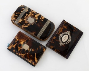 An antique tortoise shell cigar case inlaid with silver, rose gold and pearl shell, interior fitted with burgundy silk; together with two antique tortoise shell calling card notebook wallets, both inlaid with silver, 19th century, (3 items), ​​​​​​​the ci
