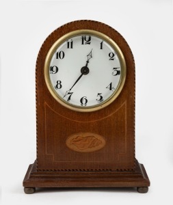 An antique French mahogany clock with marquetry shell inlay and barber pole stringing, timepiece only, early 20th century, 21cm high